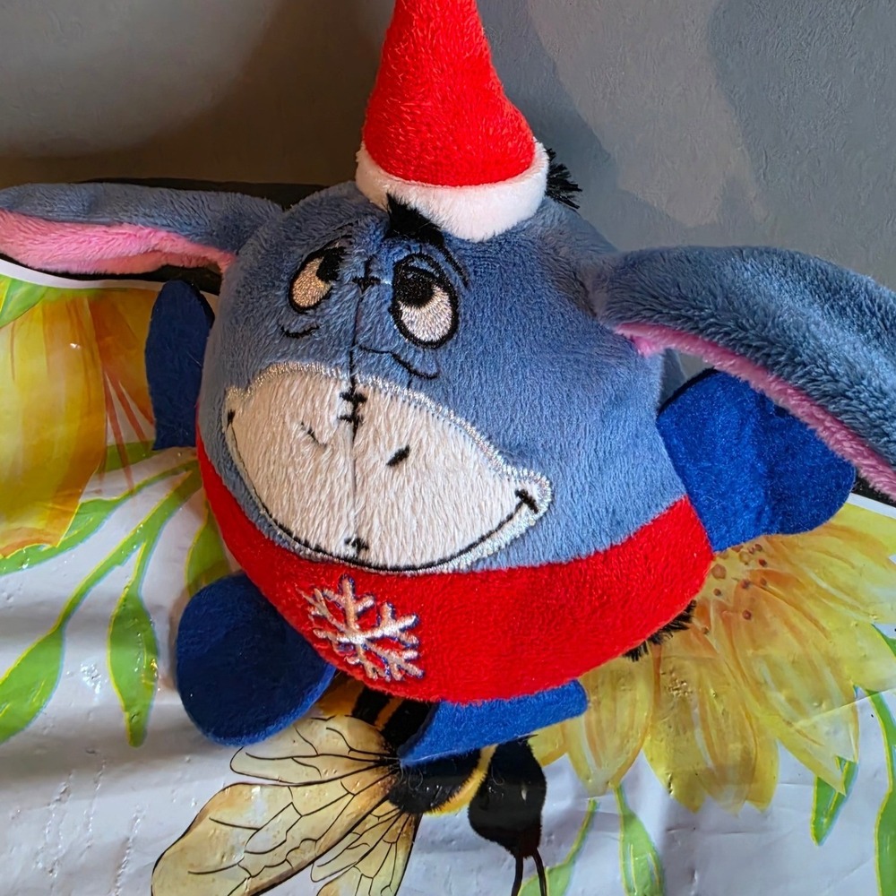 Disney Eeyore Christmas Santa Hat Snowflake Squeaky Plush Dog Toy Blue Red
